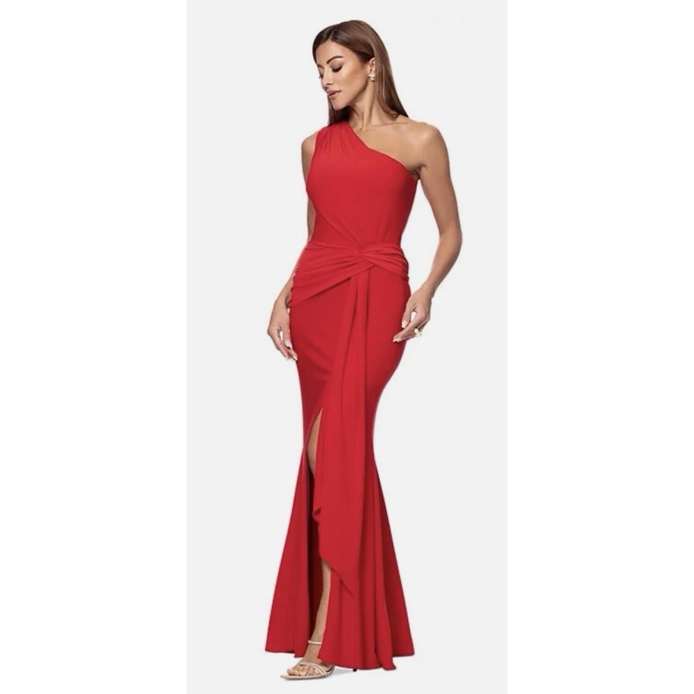 Xscape Red One-Shoulder Twist Jersey Cascading Evening Gown Size 16W $208 - Picture 11 of 13